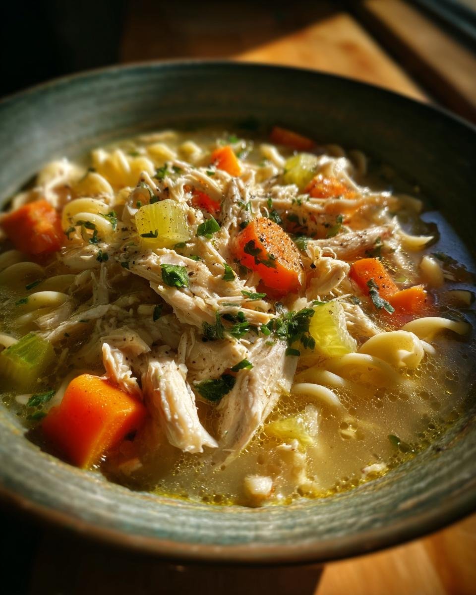 A comforting bowl of Cozy Crockpot Chicken Noodle Soup, featuring shredded chicken, carrots, celery, and noodles.