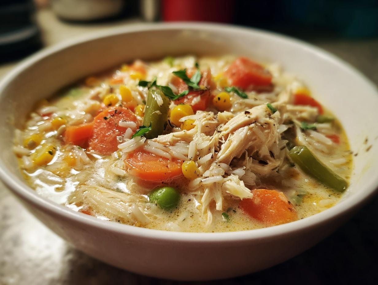 A close-up of a bowl of Cozy Slow Cooker Chicken Wild Rice Soup, filled with shredded chicken, rice, carrots, corn, and peas.