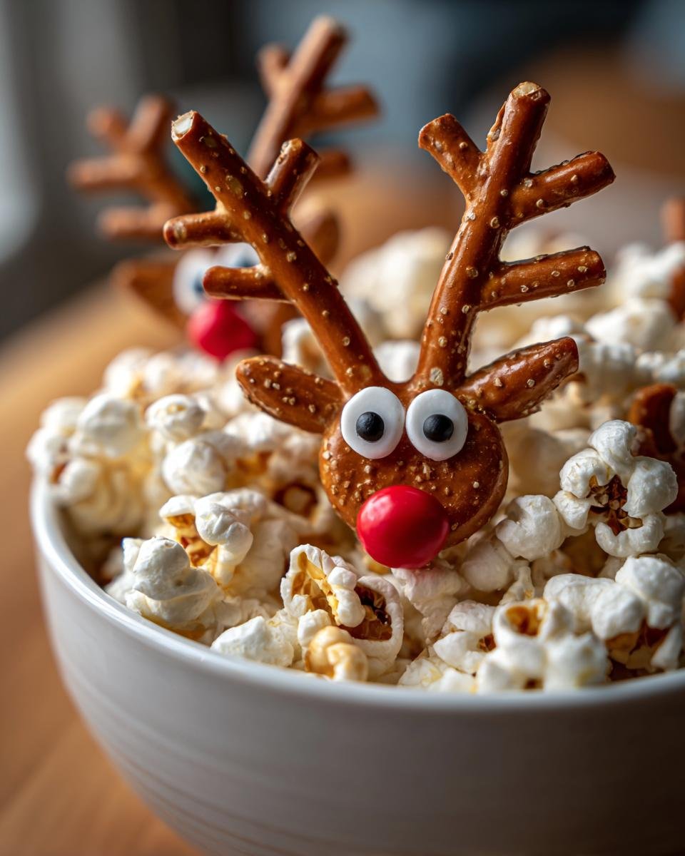 Close-up of a cute Cracker Jack Reindeer made with pretzels, candy eyes, and a red nose, nestled in a bowl of popcorn.