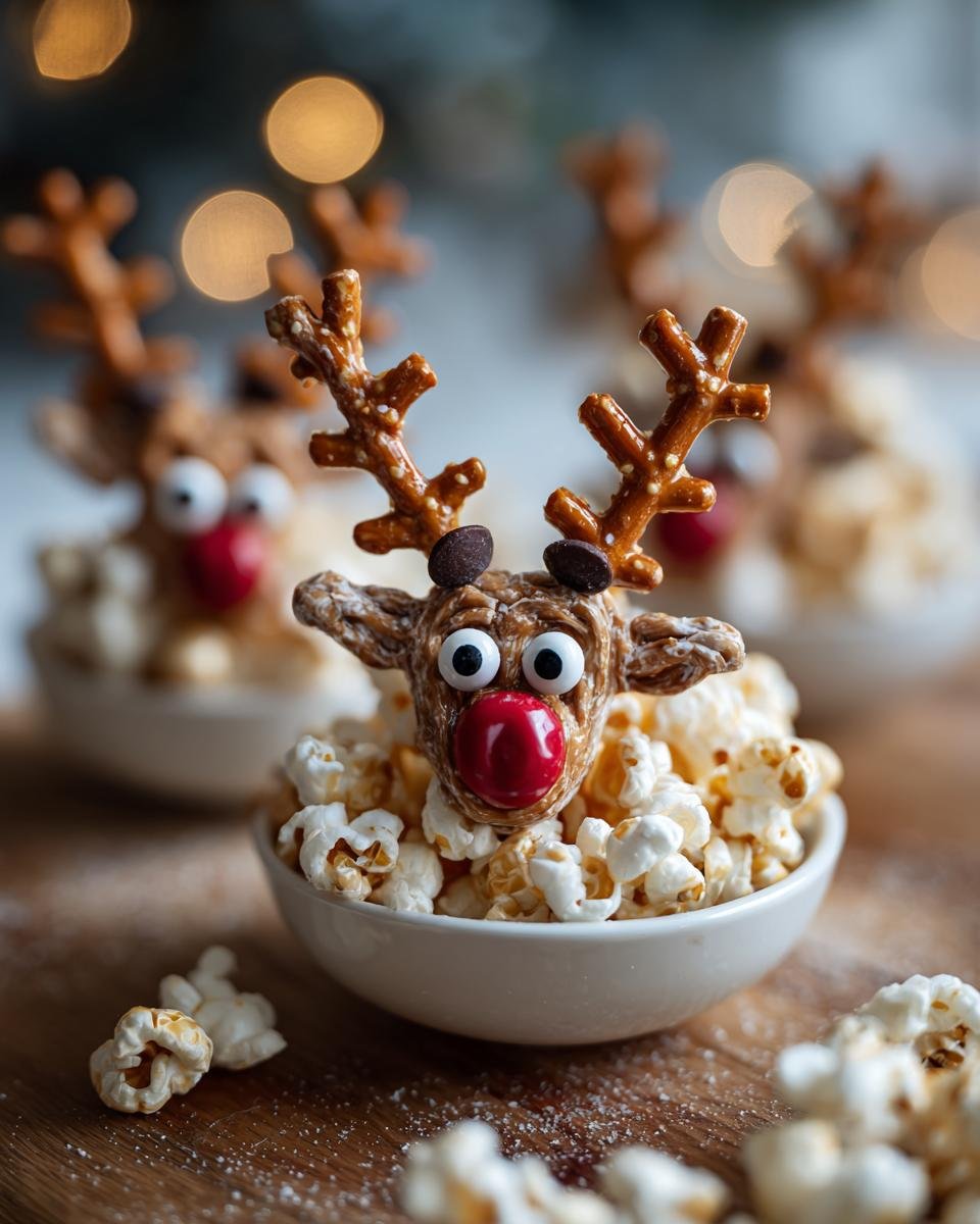 Close-up of an Irresistible Cracker Jack Reindeer made with pretzels, candy, and popcorn for the holidays.
