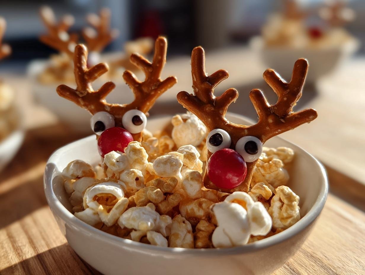Close-up of a Cracker Jack Reindeer treat with pretzel antlers, candy eyes, and a red nose, nestled in popcorn.
