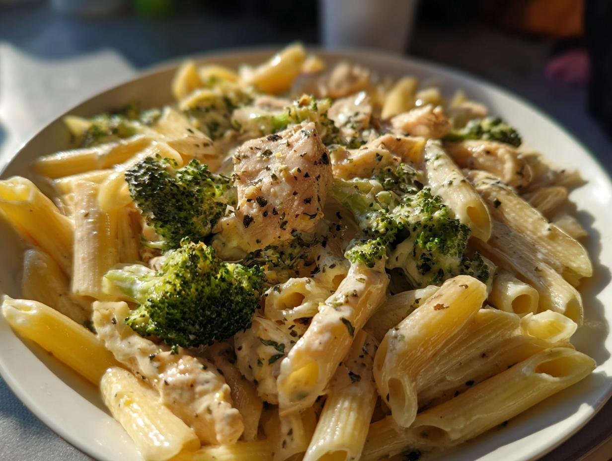 A close-up of a white bowl filled with creamy broccoli and chicken penne pasta, seasoned with herbs.