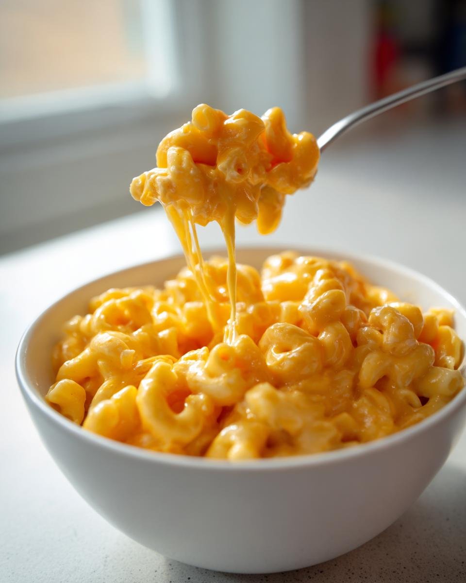 A fork lifting a cheesy portion of Creamy Cottage Cheese Mac and Cheese Delight from a white bowl.