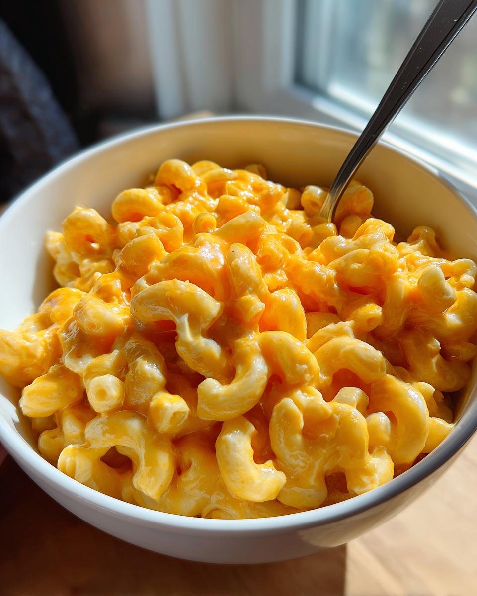 A close-up of a bowl filled with creamy cottage cheese mac and cheese, with a spoon resting inside.