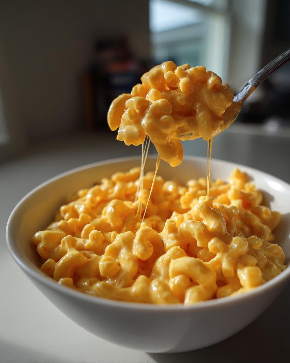 A spoonful of creamy cottage cheese mac and cheese being lifted from a bowl, with cheese strings stretching.