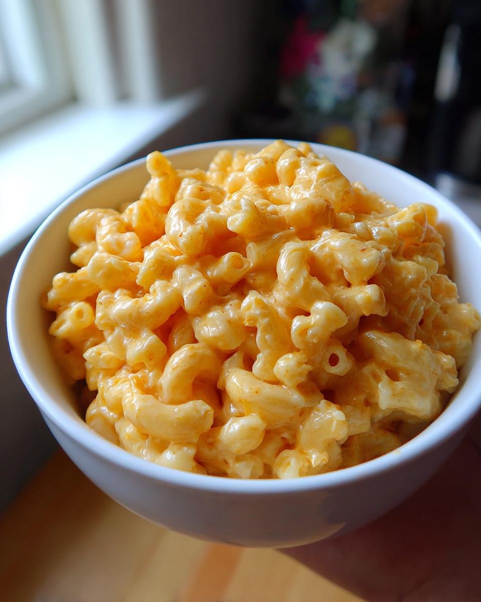 A close-up of a white bowl filled with creamy cottage cheese mac and cheese delight.