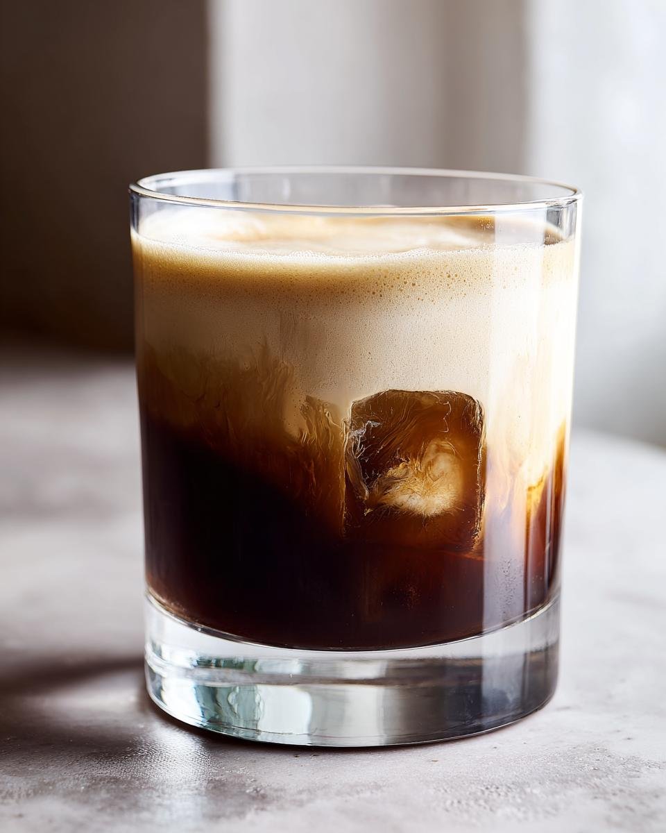 A close-up of a creamy Root Beer Rum Cocktail Delight with ice cubes and a foamy top.