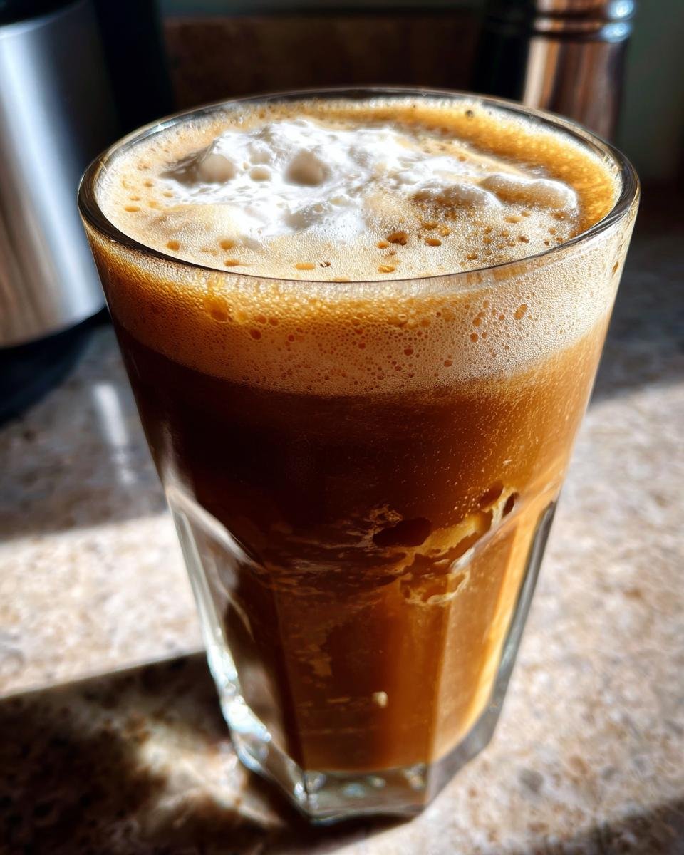 A tall glass filled with a creamy root beer rum cocktail, topped with frothy foam.