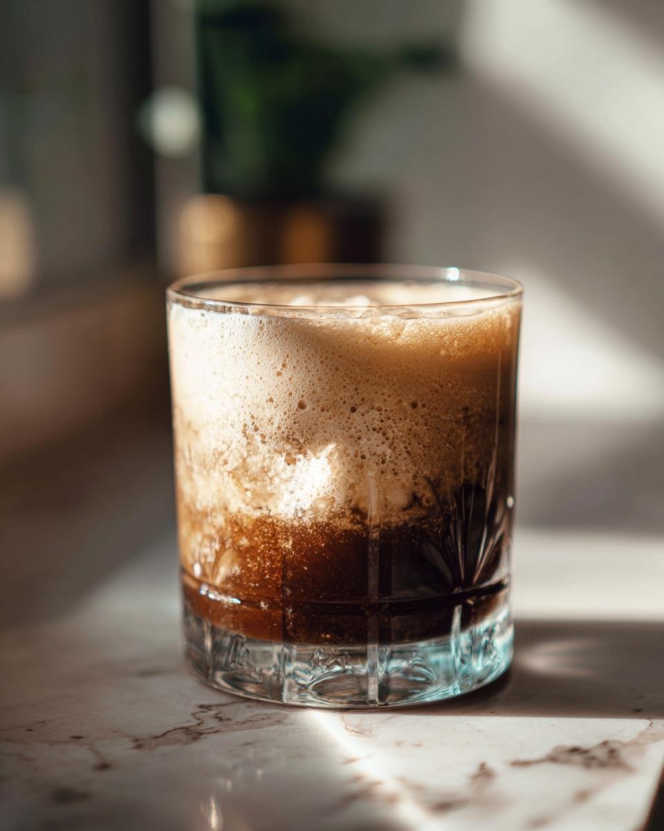 A close-up of a creamy root beer rum cocktail in a glass, topped with frothy foam.