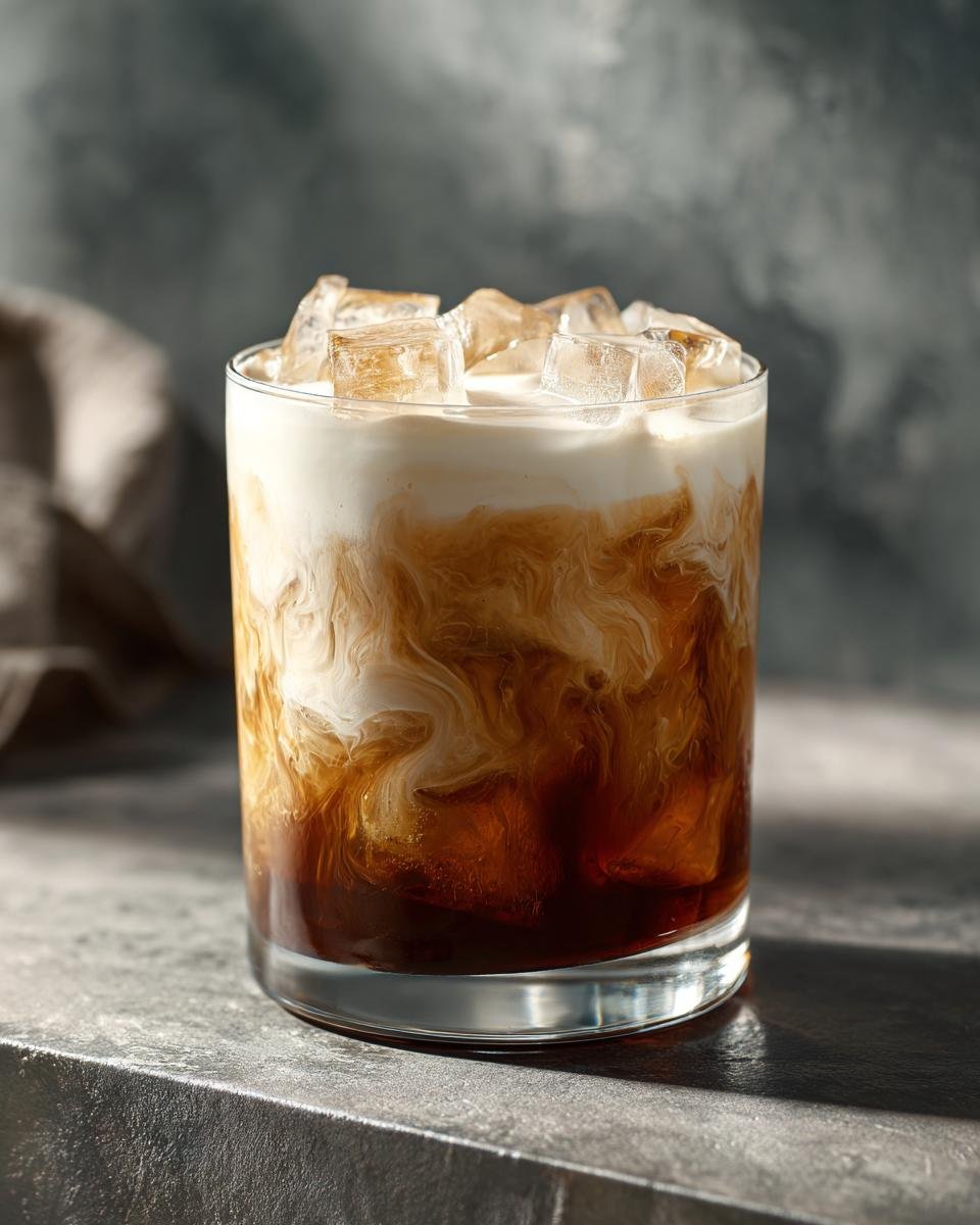 A creamy root beer rum cocktail delight with swirls of cream and ice cubes in a glass.