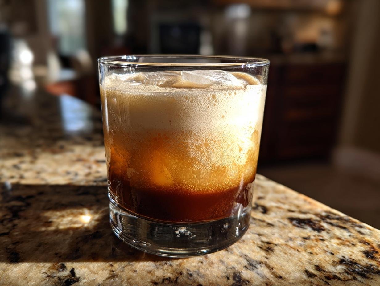 A close-up of a creamy root beer rum cocktail with ice and foam, ready to be enjoyed.