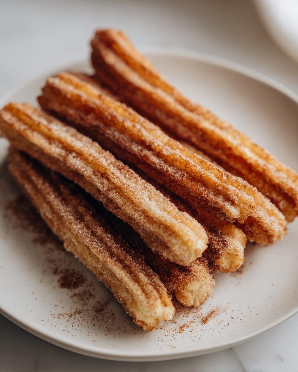 A pile of freshly made Crispy Air Fryer Churros coated in cinnamon sugar on a white plate.