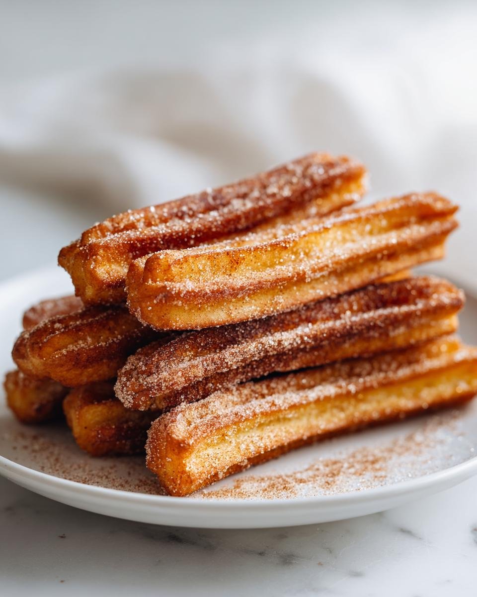 A stack of golden brown, crispy air fryer churros coated in cinnamon sugar on a white plate.