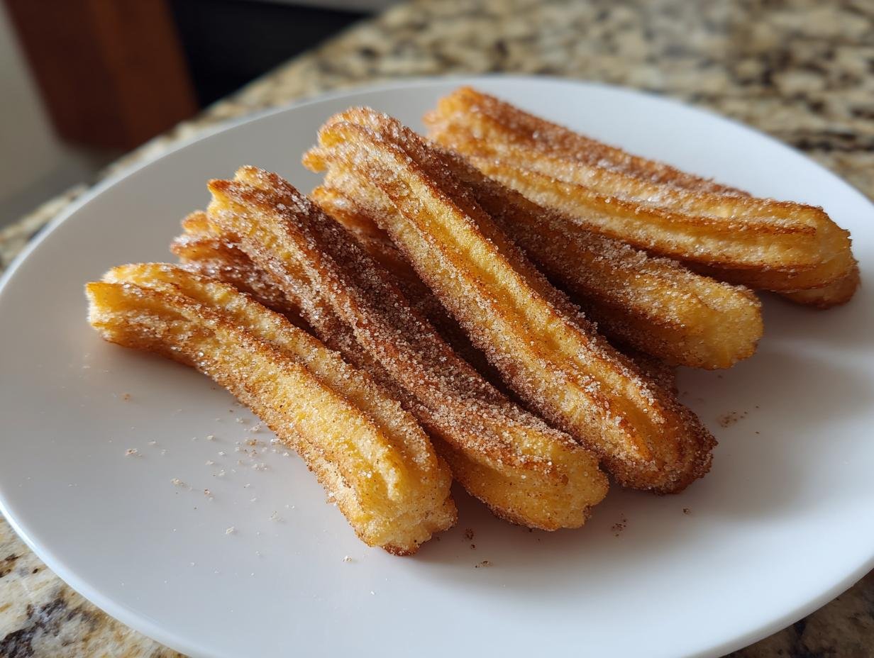 A plate of freshly made Crispy Air Fryer Churros, coated in cinnamon sugar, ready to be enjoyed as an easy carnival treat.