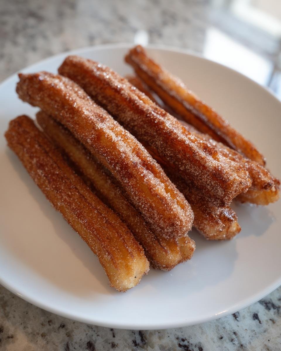 A pile of golden brown, sugar-cinnamon coated Crispy Air Fryer Churros on a white plate.