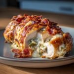 A close-up of a Crispy Air Fryer Jalapeno Popper Hasselback Chicken Recipe, sliced to reveal a creamy, cheesy filling with jalapenos and bacon.