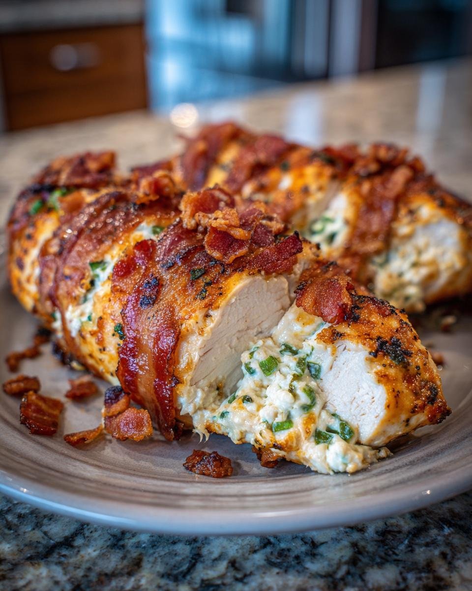 Close-up of Crispy Air Fryer Jalapeno Popper Chicken breast, stuffed with creamy filling and wrapped in bacon.