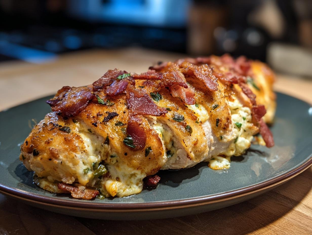 A close-up of a Crispy Air Fryer Jalapeno Popper Hasselback Chicken, stuffed with cheese and jalapenos, topped with bacon.