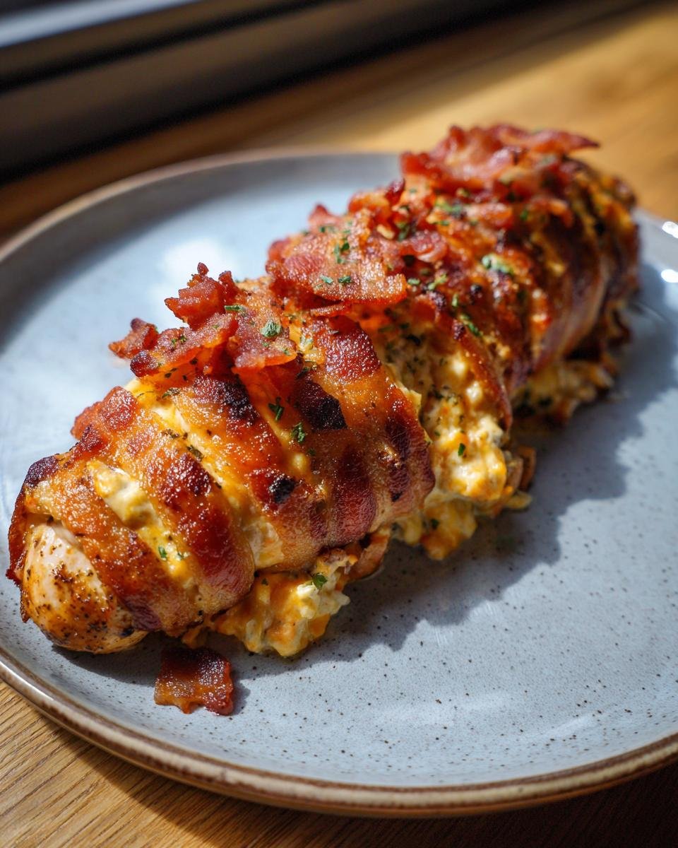 Close-up of Crispy Air Fryer Jalapeno Popper Hasselback Chicken wrapped in bacon, served on a grey plate.