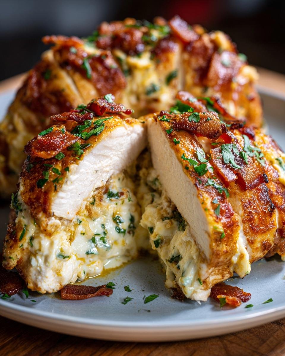 A close-up of Crispy Air Fryer Jalapeno Popper Hasselback Chicken, sliced to reveal a creamy, cheesy filling and topped with bacon bits and parsley.