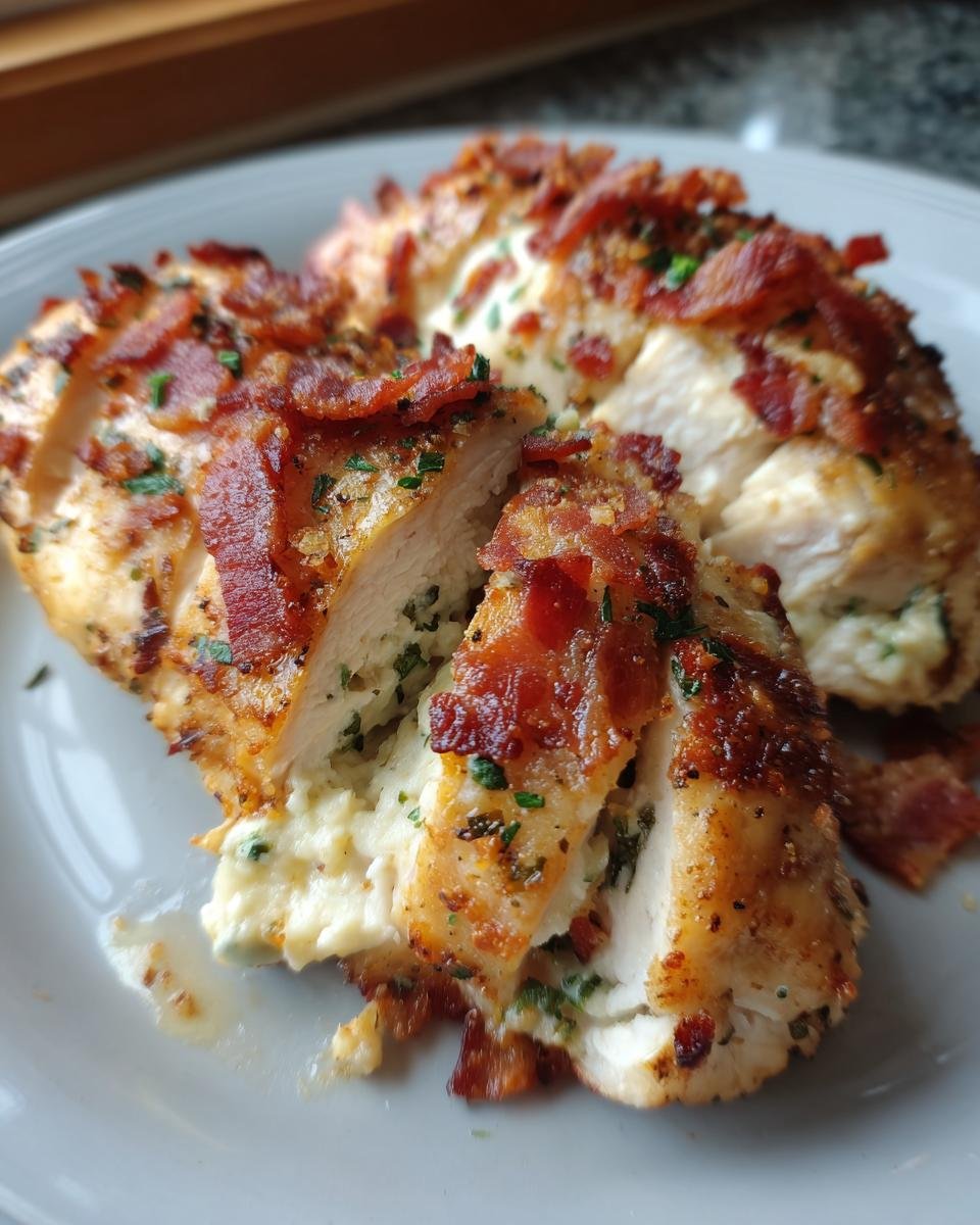 Close-up of Crispy Air Fryer Jalapeno Popper Hasselback Chicken, sliced to reveal creamy filling and bacon.