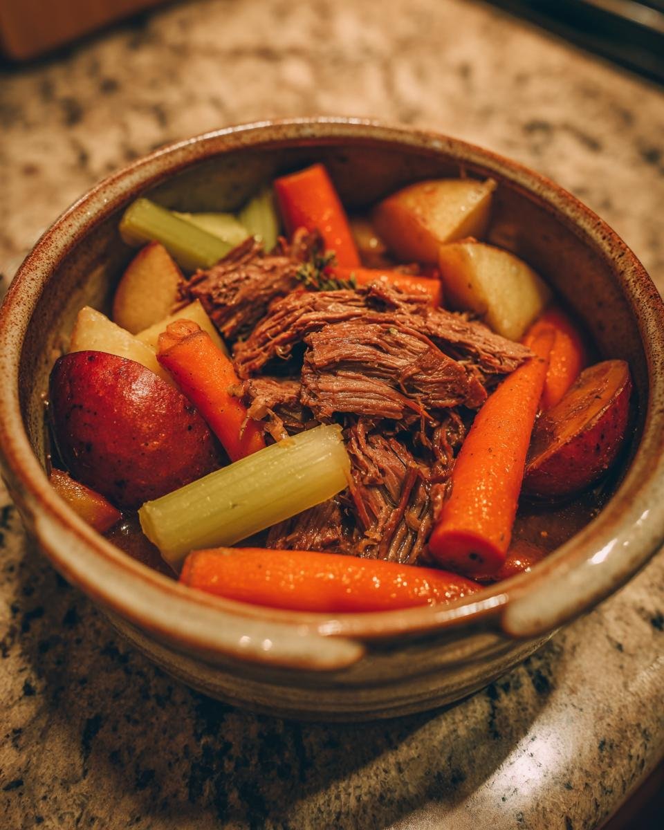 A bowl filled with tender crock pot pot roast, carrots, potatoes, and celery, a perfect comfort food.
