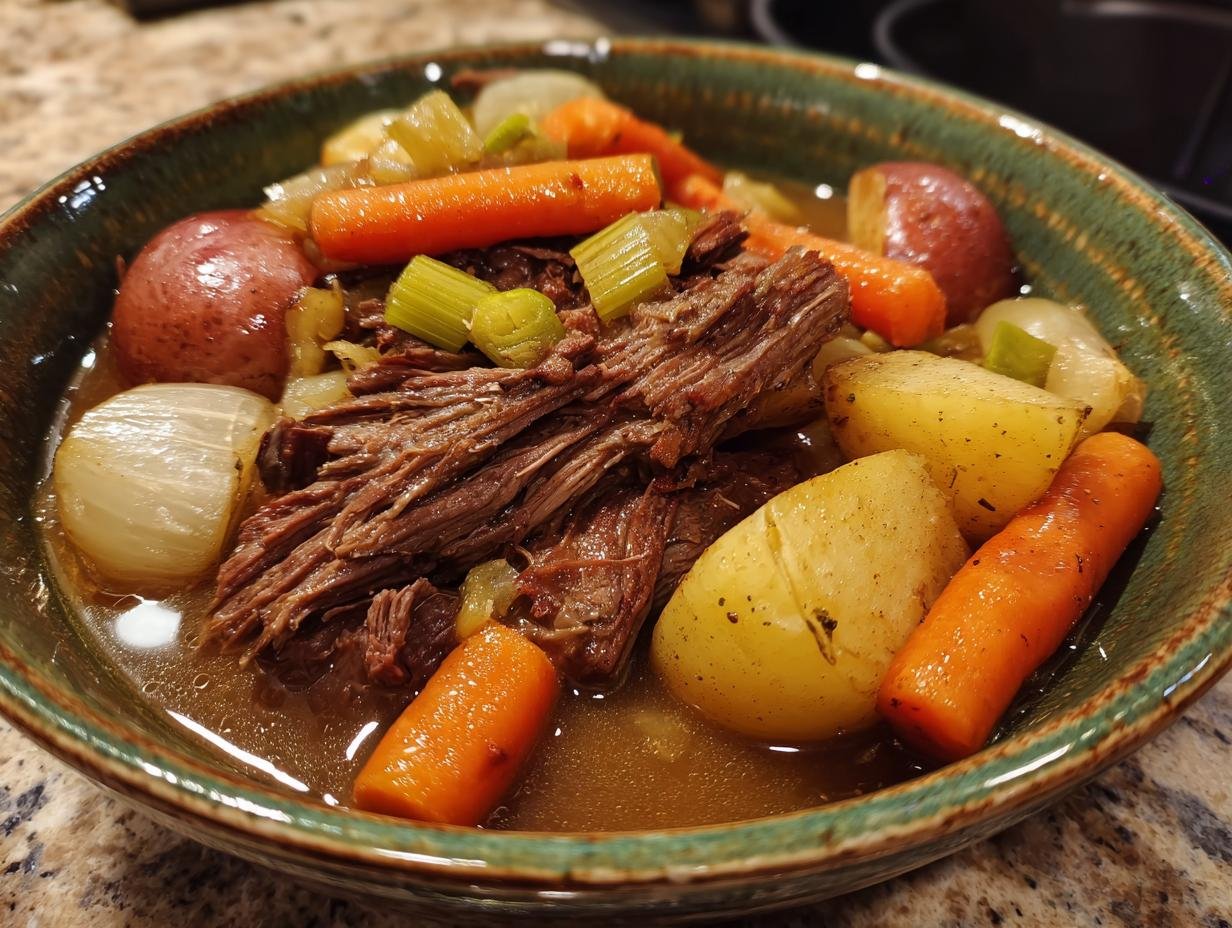 A hearty bowl of crock pot pot roast with tender beef, carrots, potatoes, and onions in a rich broth.