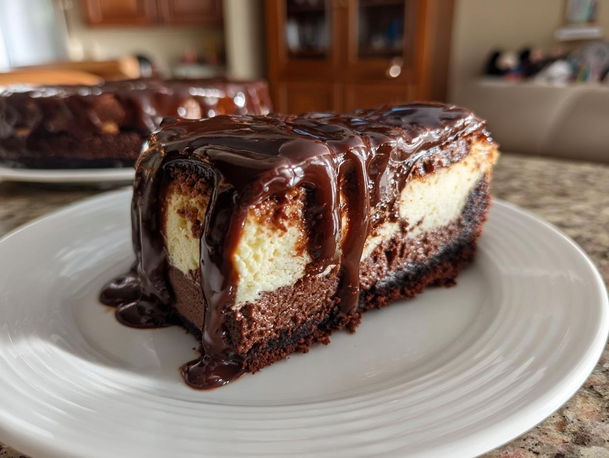 A slice of decadent brownie cheesecake delight, topped with rich chocolate ganache, on a white plate.