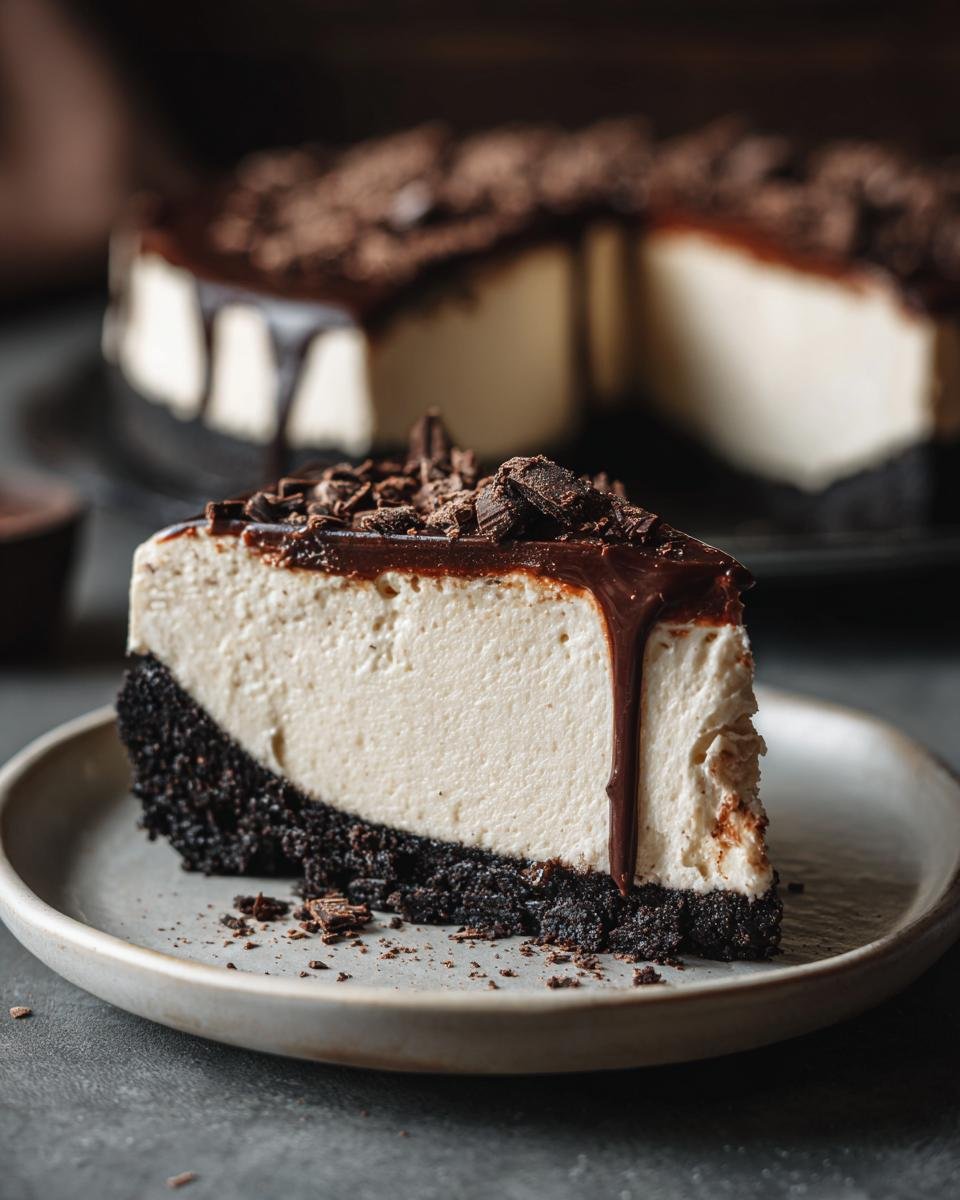 A slice of Decadent White Chocolate Peppermint Cheesecake Mousse Pie with a chocolate crust, topped with chocolate ganache and shavings.