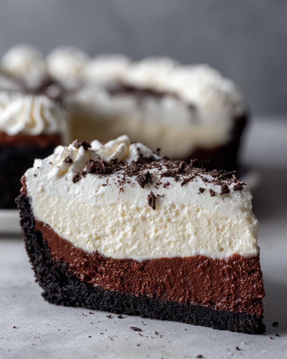 A slice of Decadent White Chocolate Peppermint Cheesecake Mousse Pie showing layers of chocolate crust, chocolate mousse, white chocolate mousse, and whipped cream.