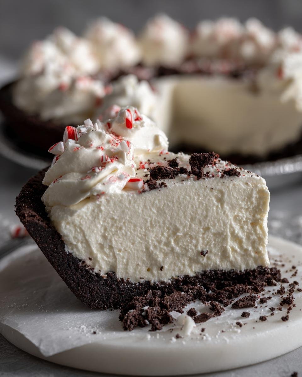 A slice of Decadent White Chocolate Peppermint Cheesecake Mousse Pie with whipped cream and crushed candy canes.