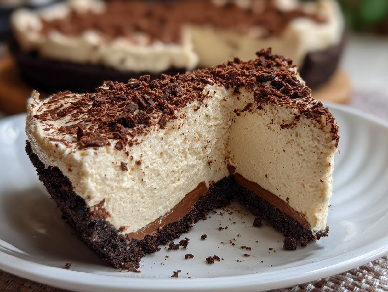 A slice of Decadent White Chocolate Peppermint Cheesecake Mousse Pie, featuring a creamy white filling and chocolate cookie crust, topped with chocolate shavings.