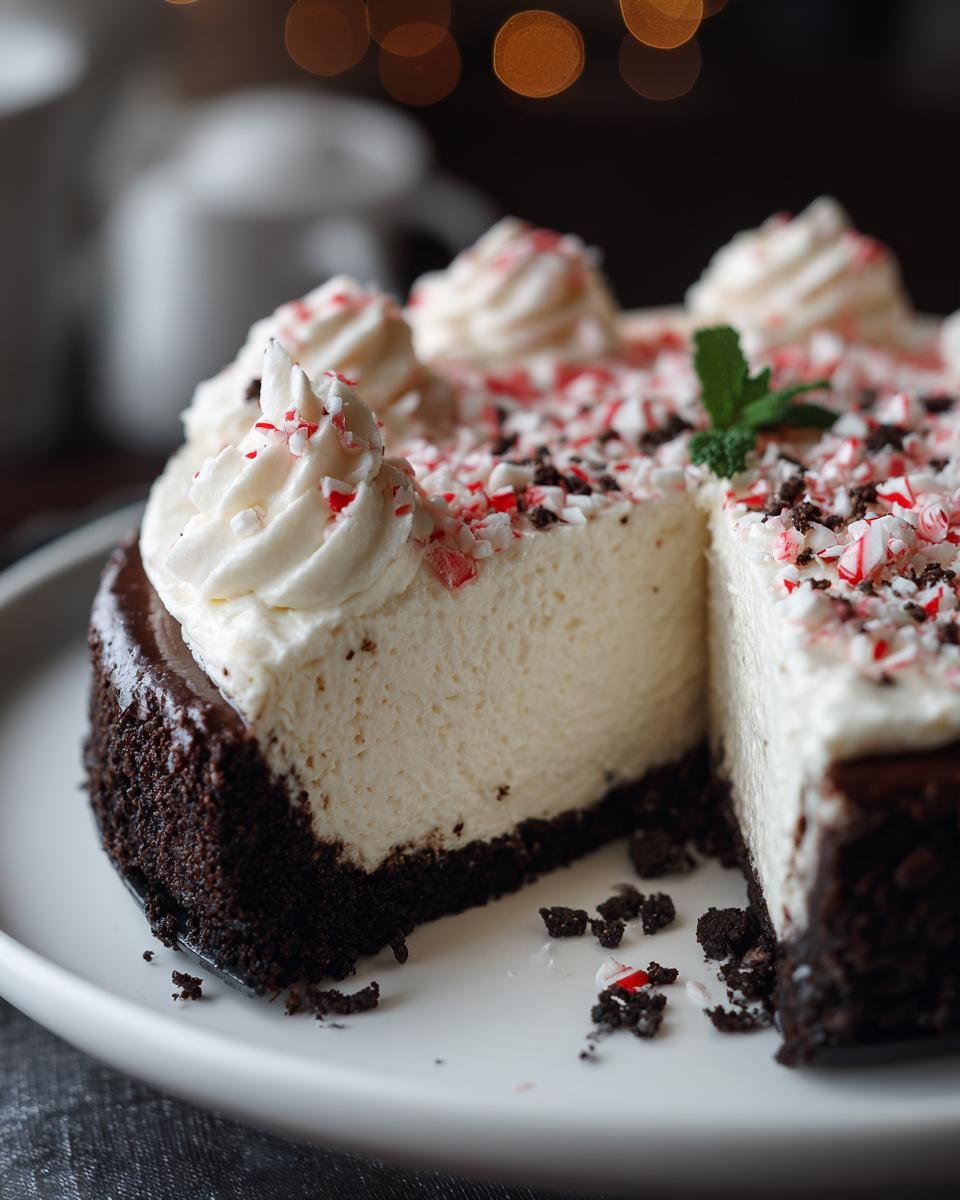 A slice of Decadent White Chocolate Peppermint Cheesecake Mousse Pie topped with whipped cream and crushed candy canes.