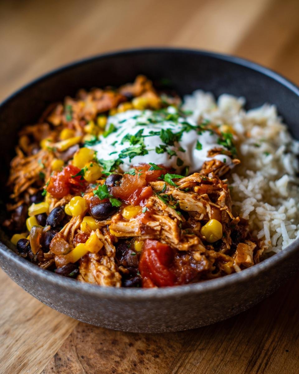 A close-up of a Delicious Slow Cooker Chicken Burrito Bowl with rice, shredded chicken, black beans, corn, salsa, and sour cream.