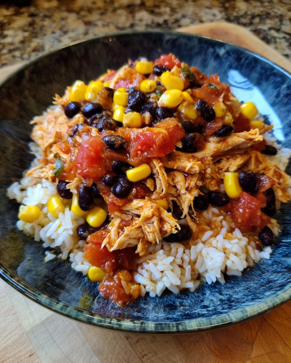 A close-up of a Delicious Slow Cooker Chicken Burrito Bowl with rice, shredded chicken, black beans, corn, and tomatoes.