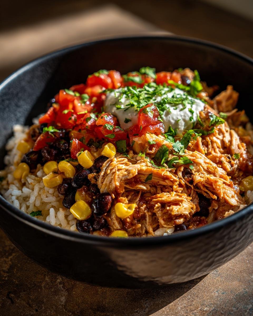 A close-up of a Delicious Slow Cooker Chicken Burrito Bowl filled with rice, shredded chicken, black beans, corn, salsa, and sour cream.