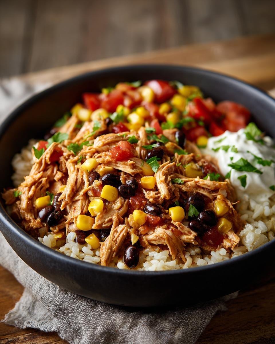 A close-up of a Delicious Slow Cooker Chicken Burrito Bowl with rice, shredded chicken, black beans, corn, tomatoes, and sour cream.