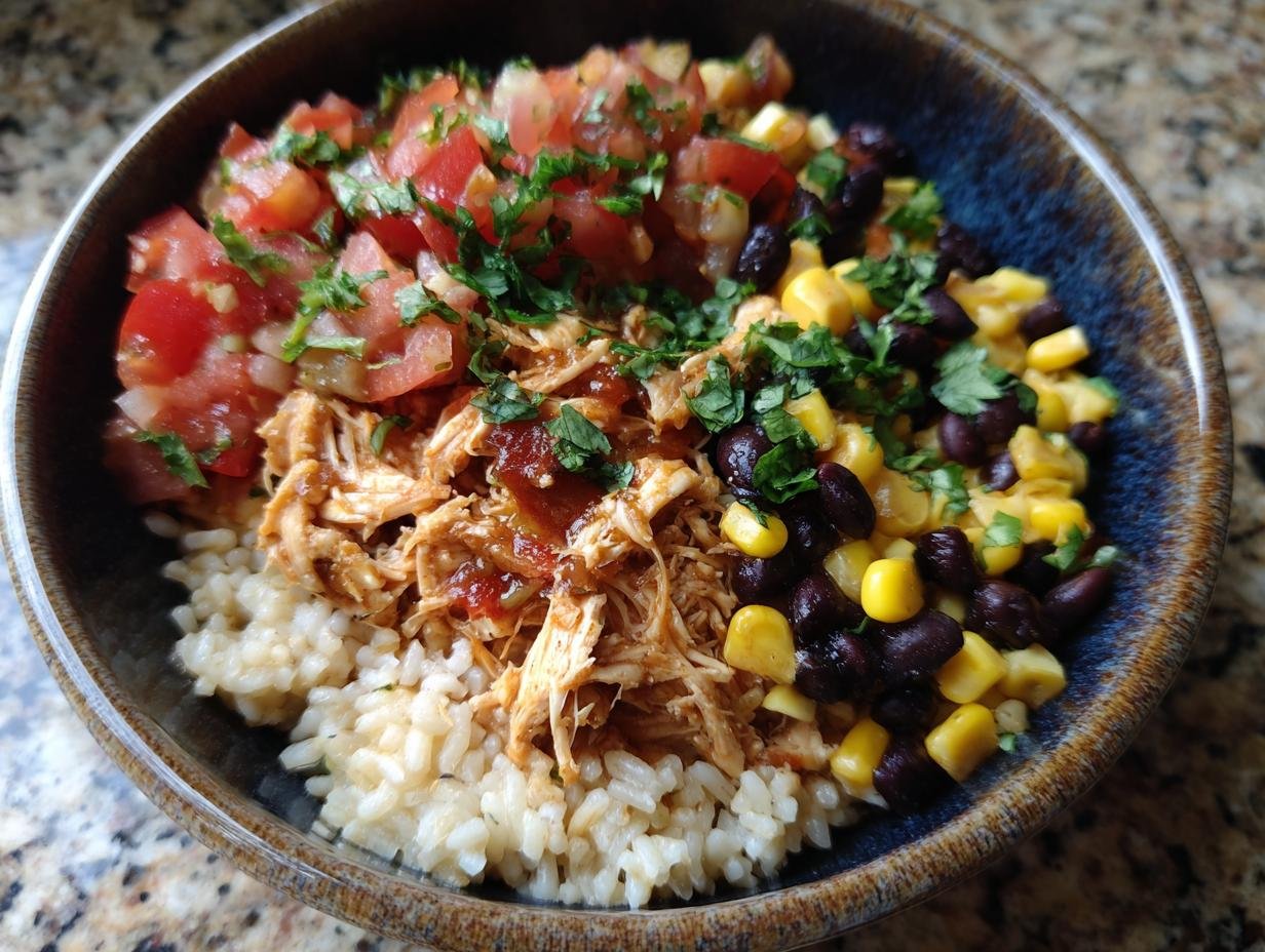 A close-up of a Delicious Slow Cooker Chicken Burrito Bowl filled with rice, shredded chicken, black beans, corn, and pico de gallo.