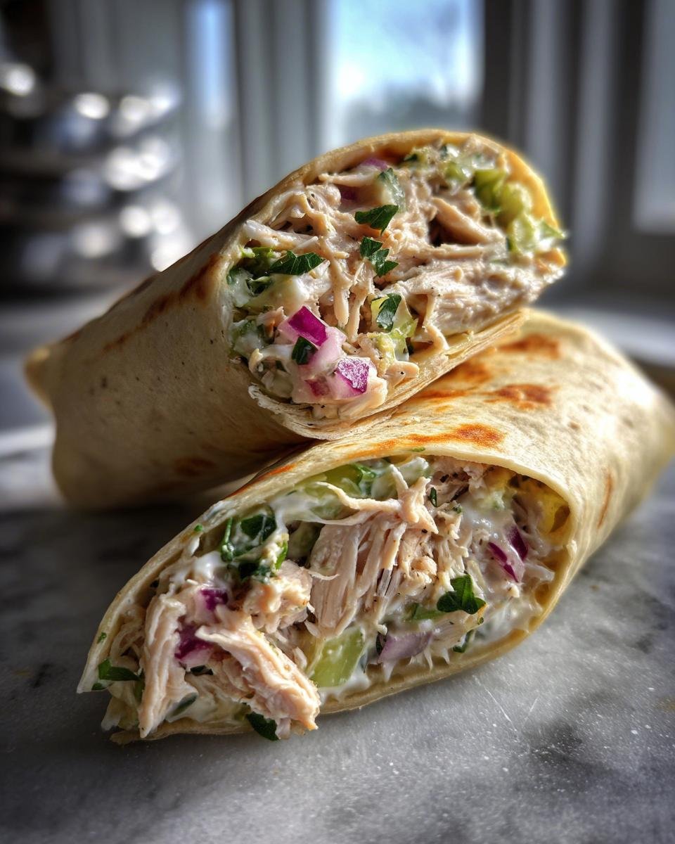 Close-up of a delicious turkey wrap cut in half, revealing shredded turkey, creamy sauce, red onion, and celery.