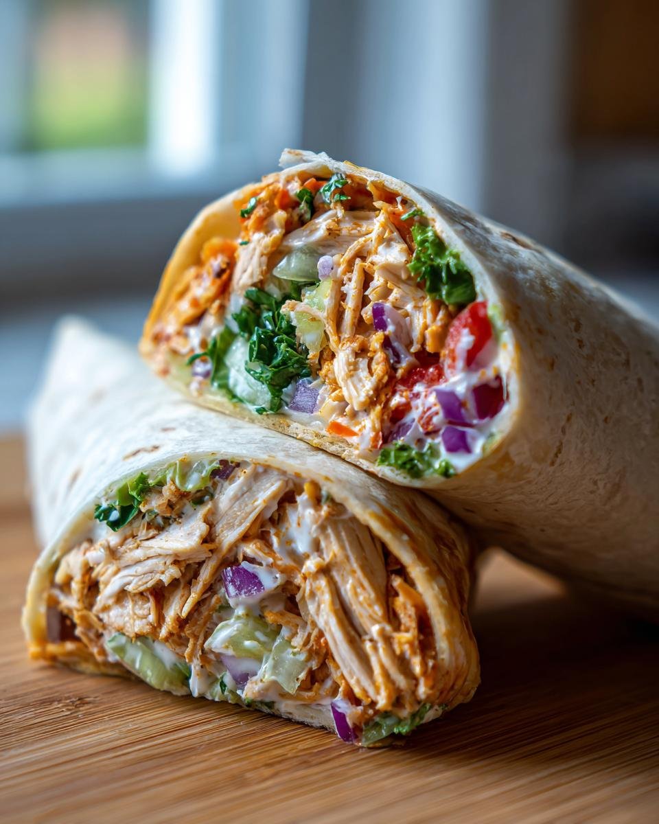 Close-up of two halves of a Delicious Turkey Wrap, showcasing shredded turkey, creamy sauce, lettuce, tomato, and red onion.