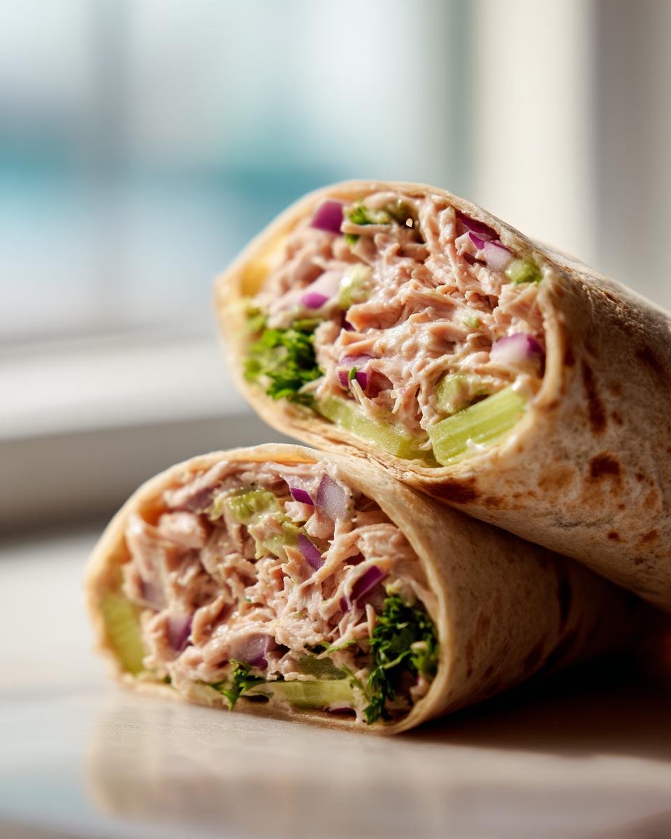 Close-up of two halves of delicious turkey wraps filled with shredded turkey, celery, red onion, and lettuce.