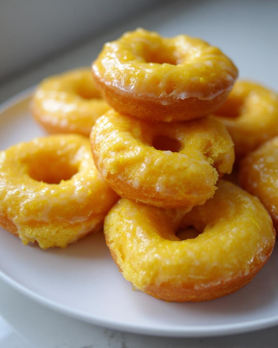 A close-up stack of Delightful Baked Lemon Donuts with a zesty lemon glaze.