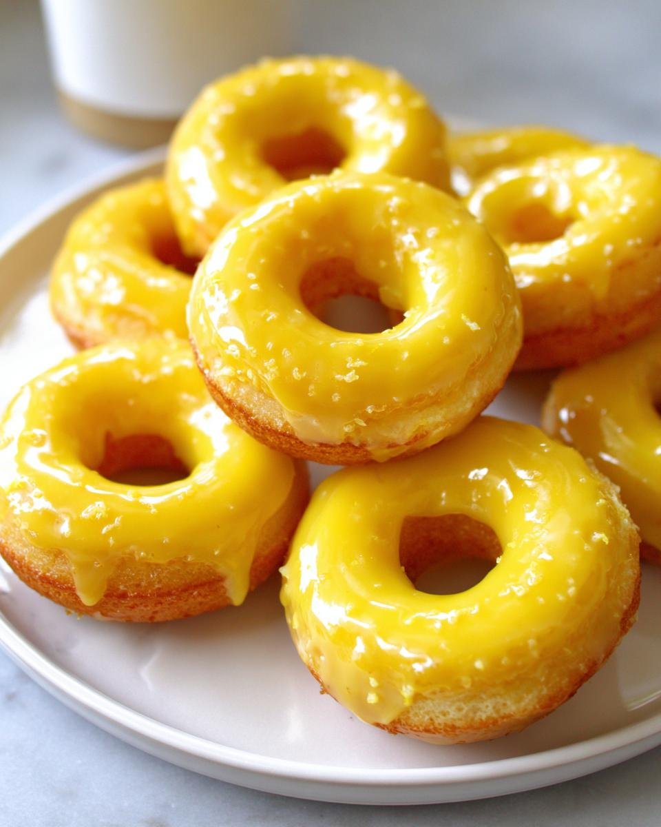 A close-up of a stack of Delightful Baked Lemon Donuts, coated in bright yellow lemon glaze.