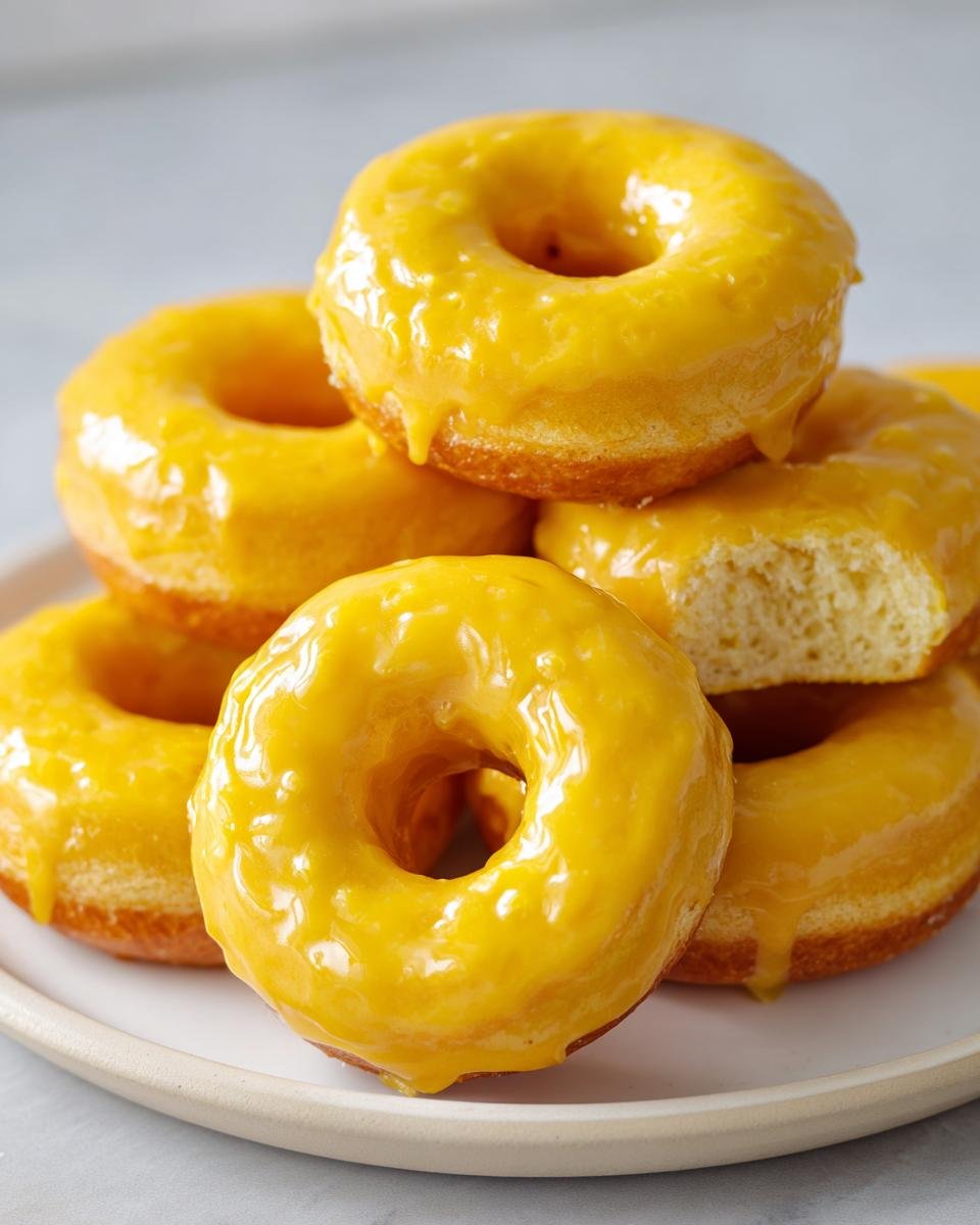A stack of Delightful Baked Lemon Donuts with bright yellow glaze, one donut is broken in half.