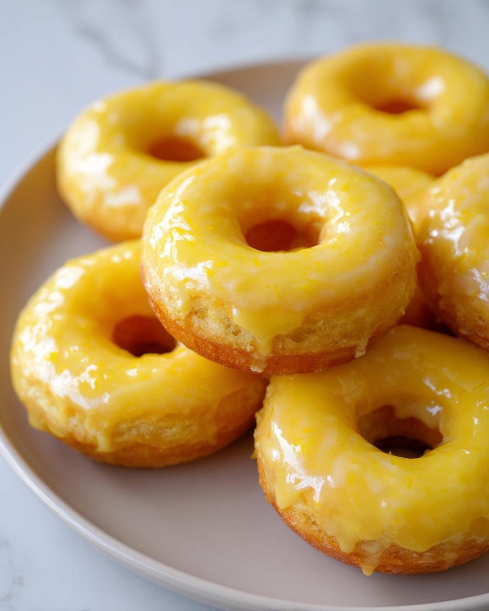 A close-up shot of several Delightful Baked Lemon Donuts, coated in a bright yellow, zesty lemon glaze.