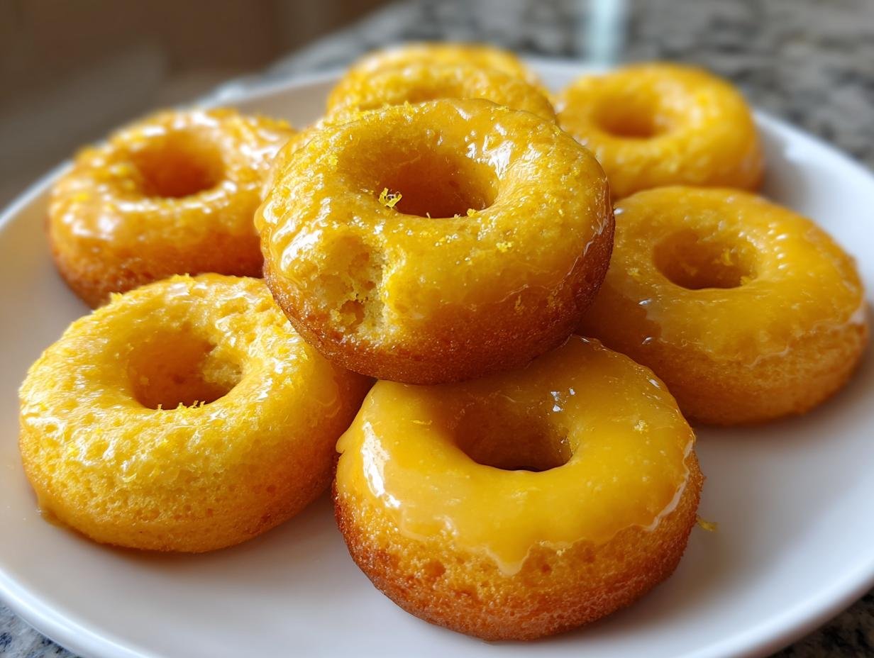 A plate of Delightful Baked Lemon Donuts with a bright yellow glaze.