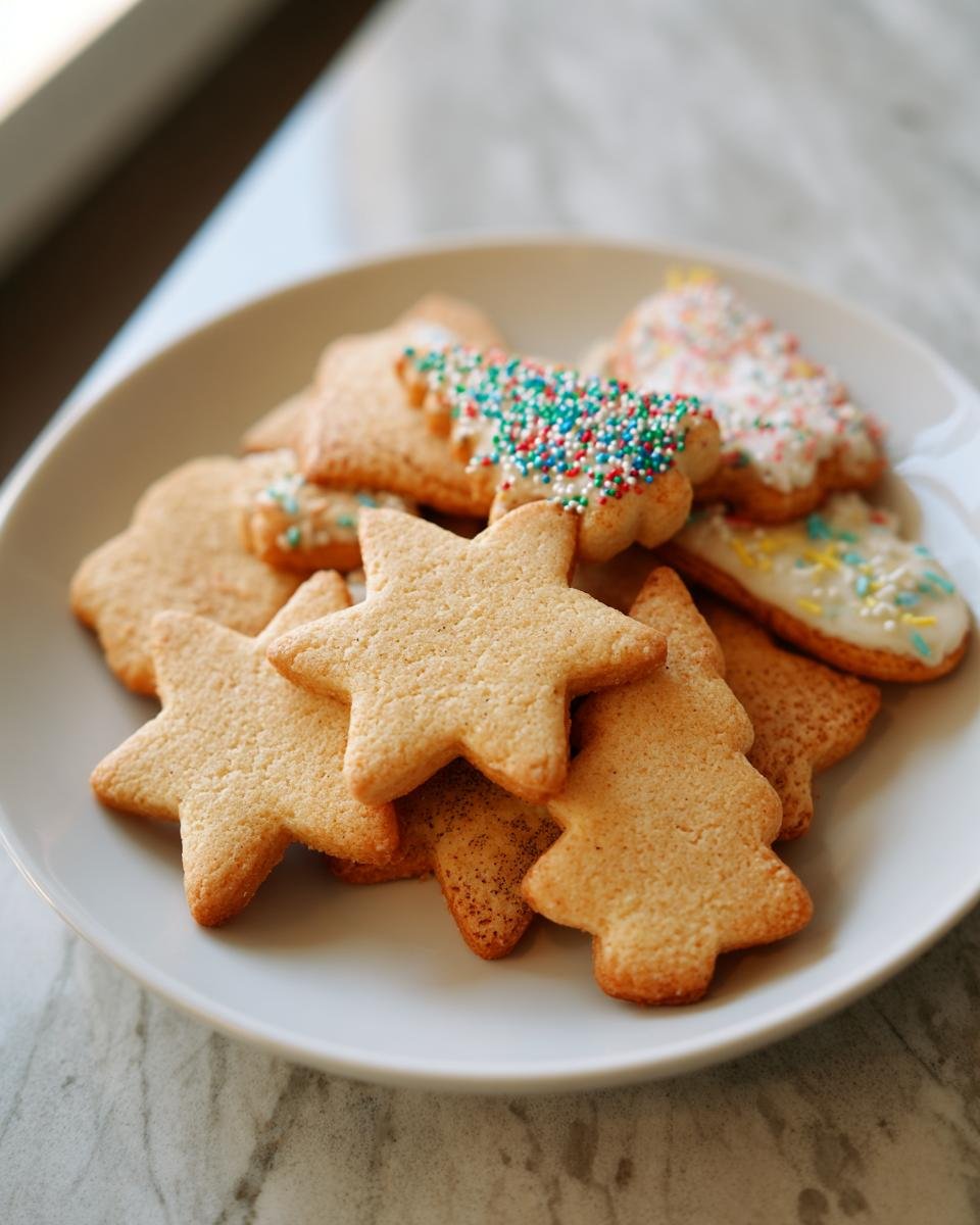 A plate piled high with star-shaped and Christmas tree-shaped diabetic friendly Christmas cookies, some decorated with sprinkles.