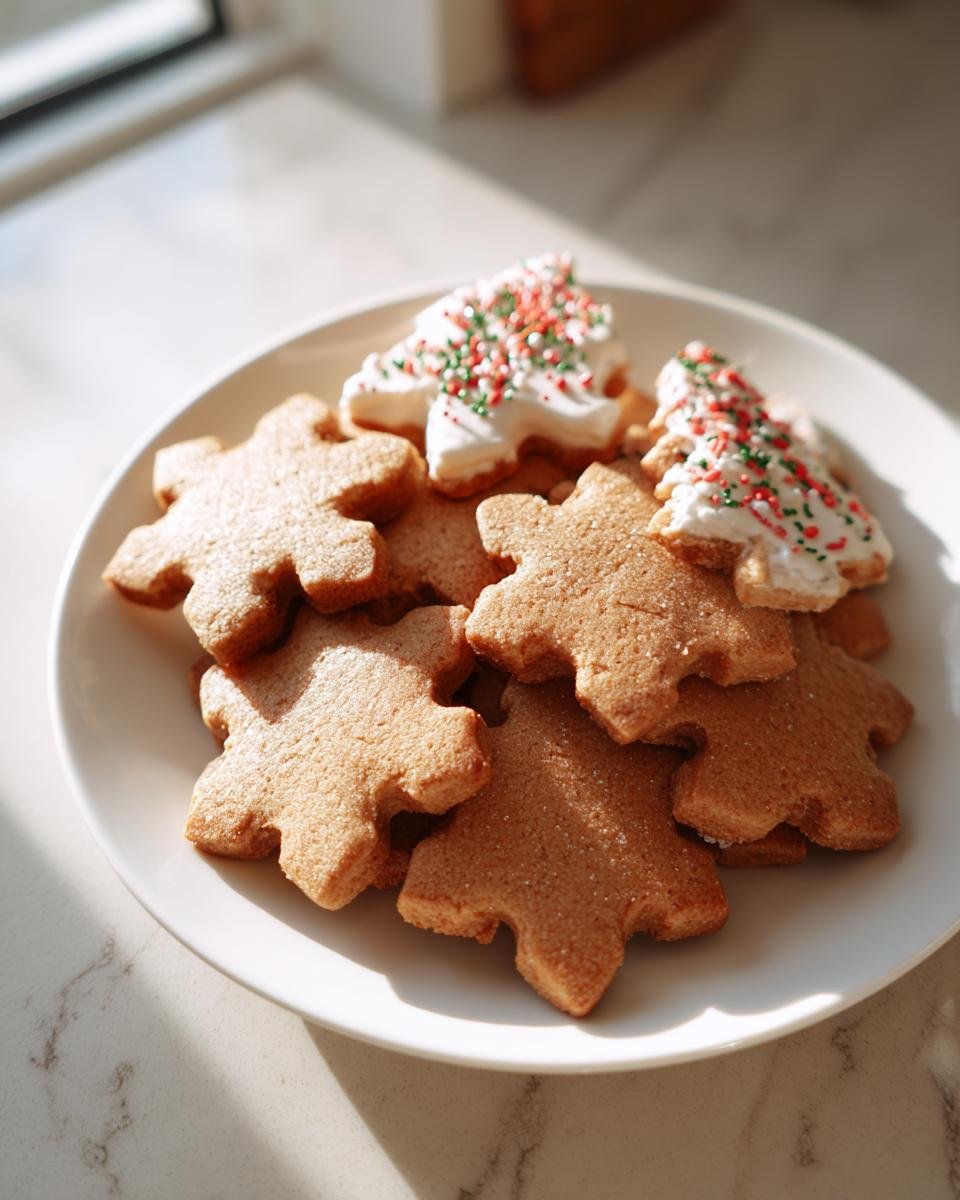 A plate of Delightful Diabetic Friendly Christmas Cookies, some decorated with white icing and sprinkles.