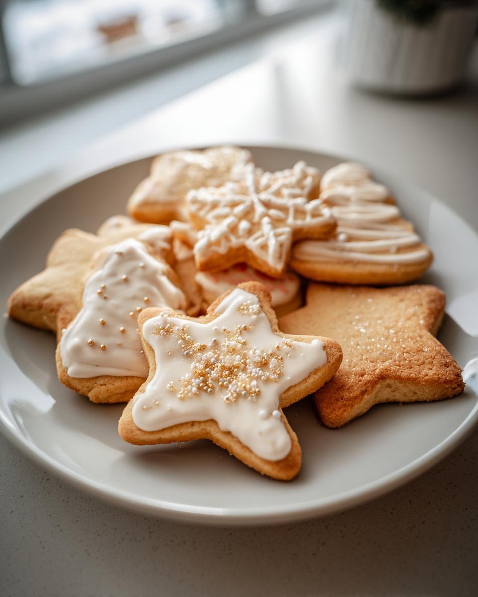 A plate of assorted Delightful Diabetic Friendly Christmas Cookies, decorated with white icing and sprinkles.