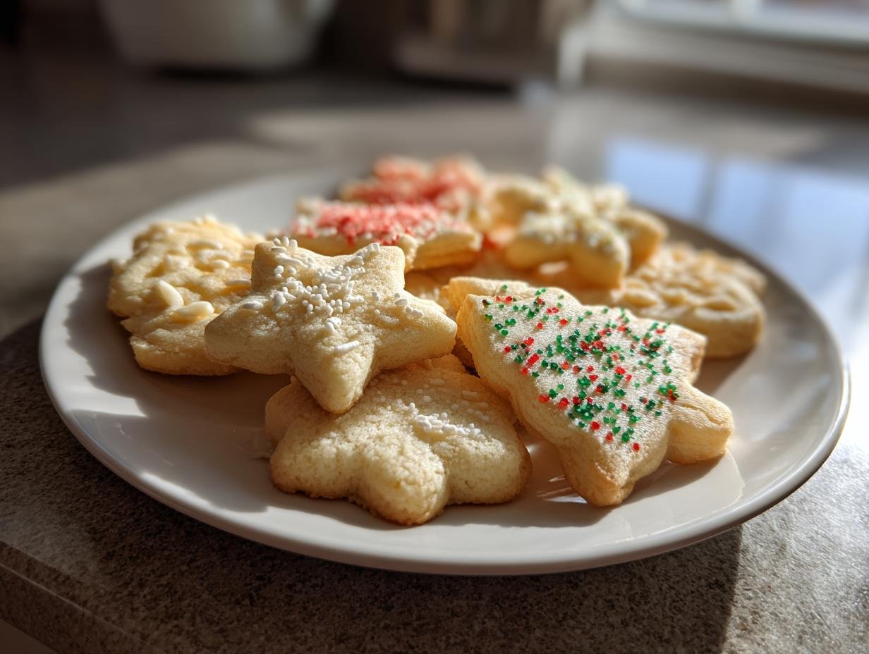 A plate of assorted diabetic friendly Christmas cookies, including stars and trees, some decorated with sprinkles.